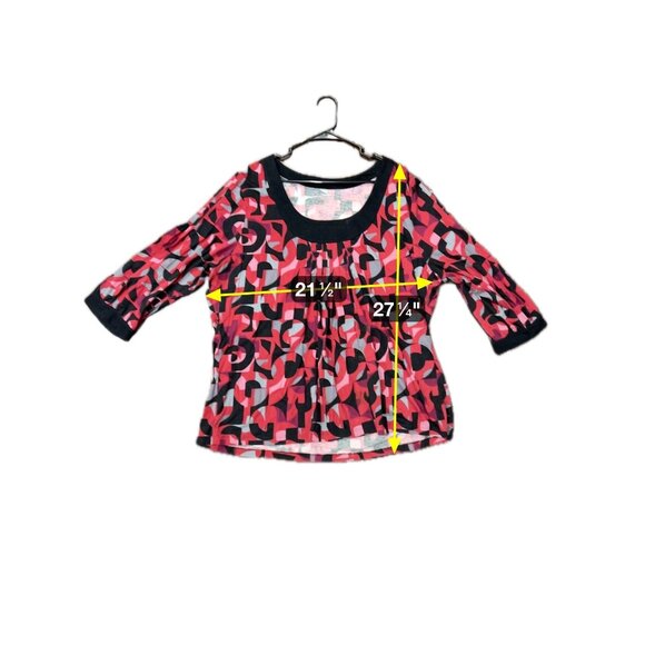 A.N.A A New Approach Geometric 3/4 Sleeve Top Red Black Sz 2X Scoop Neck Pleated - Picture 10 of 10